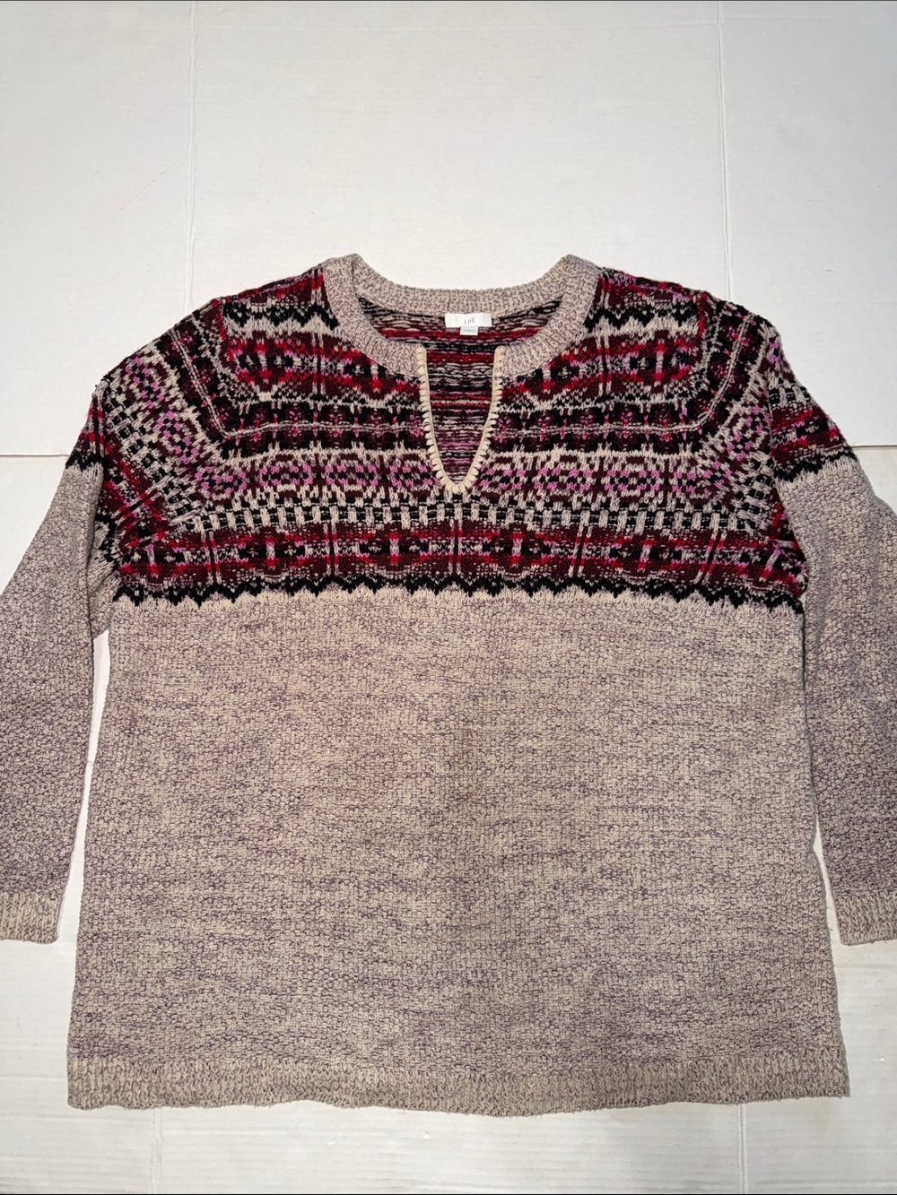 J. Jill Fair Isle Split Neck Marled Knit Sweater